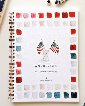 Americana watercolor workbook with American flags and color swatches on a white background.